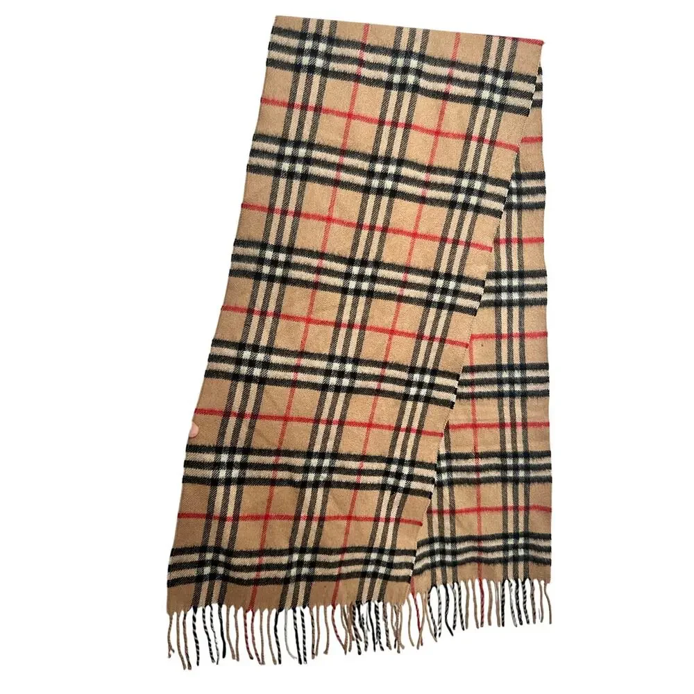 Burberry Scarf Nova Check Beige Tan Cashmere Plaid Fringe Unisex Vintage Scarf